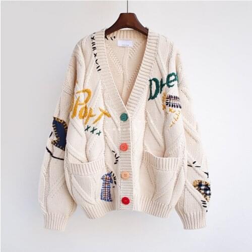 Women Cardigan Warm Knitted Sweater Jacket Pocket Embroidery Fashion Knit Cardigans Coat Lady Loose Sweaters 2021 Autumn Winter