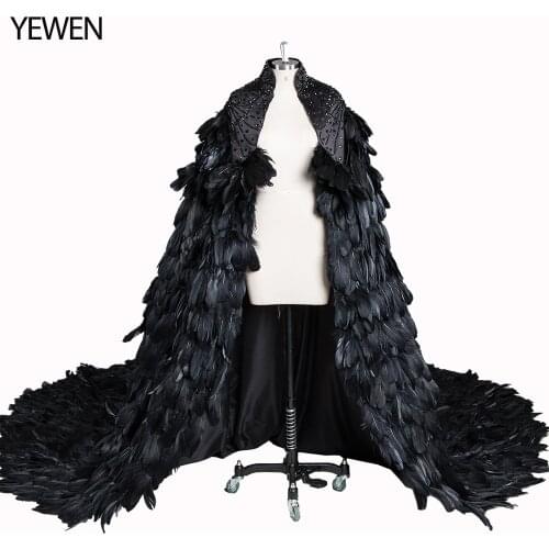 Robe De Soire Feathers Gorgeous Black Ivory Long Prom Evening Dresses YEWEN Crystals Wedding Jacket Elegant Celebrity dresses