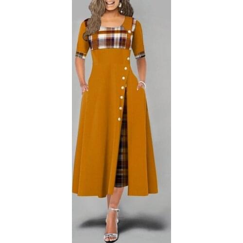 Summer Short-sleeved Dress Retro Plaid Button O-neck Long Dress Female Casual Self-cultivation Elegant A-line Irregular Dress
