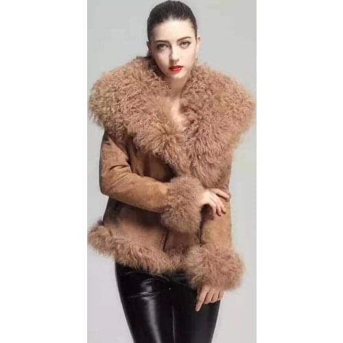Womens Slim Genuine Leather Coat Real Big Wool Fur Collar Ladies Winter Jackets with Zipper