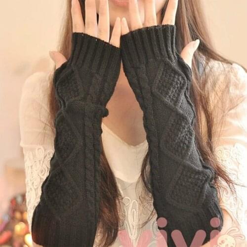 1 Pair Autumn Winter Women Knit Gloves Arm Wrist Sleeve Hand Warmer Girls Rhombus Long Half Winter Mittens Fingerless Gloves