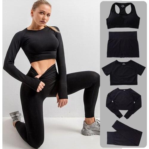 Seamless Yoga Set Womens Sportswear Fitness Wear High Stretchy Workout Set Padded Bra Top Long Sleeve Fitness Clothing 5PCS