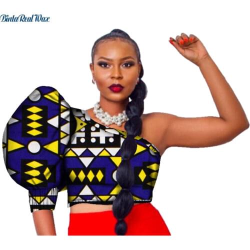African Bazin Riche Crop Tops Tees for Women Plus Size Women African Print One-Shoulder Puff Sleeve Tops Clothing Dashiki WY2690