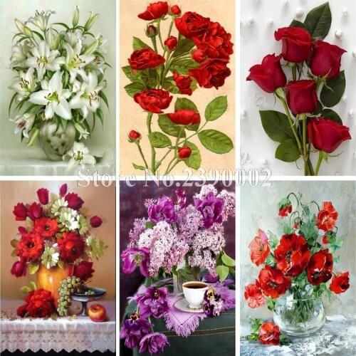 Diy Diamond Painting Red Rose & Lily Cross Stitch Diamond Mosaic Full Diamond Embroidery Decor Picture New Year Rhinestone Gift