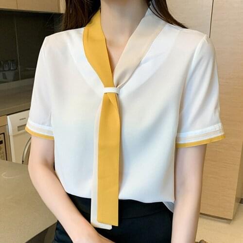 Women Blouses Blouse Women 2021 V-neck Office Blouse Women Tops Chiffon Blouse Shirt Short Sleeve Women Shirts Blusas Mujer D330