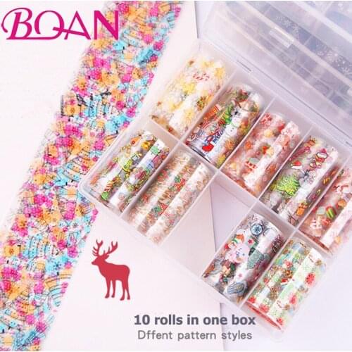 BQAN 10 Rolls Nail Foils Paper Art Transfer Sticker Christmas Kit Elk Santa Snowman Xmas Design Adhesive Decal DIY Decoration