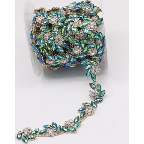 10Yards Crystal Flower Trim Trimming DIY Sewing Craft Rhinestone Chain Belts for Women Made in China