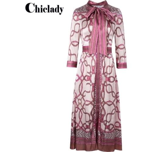 CHICLADY elegant vintage chain floral printed satin red dresses for women plus size single breasted bow collar lace up office za