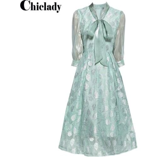 CHICLADY green bow collar long sleeve plus size women clothing midi dress A-line 2021 new fashion casual female dresses vestidos
