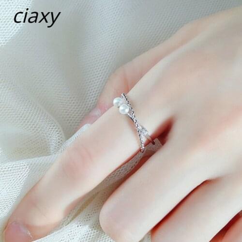 CIAXY 925 Sterling Silver Line Cross Rings Imitation Pearl Zircon Open Ring Elegant Ladies Wedding Engagement Jewelry