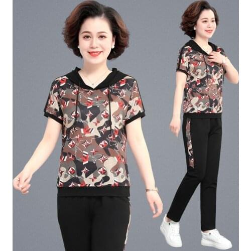Ladies' two-piece Print casual suit for summer Middle-aged woman with short sleeve hoodie and pant suit plus size for women