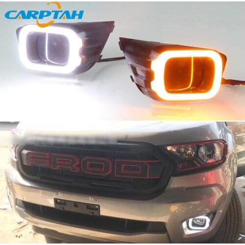 12V Car LED Daytime Running Lights DRL For For Ford Ranger T8 2019 2020 Yellow Turn Signal Daylihgts Auto Driving Headlamp