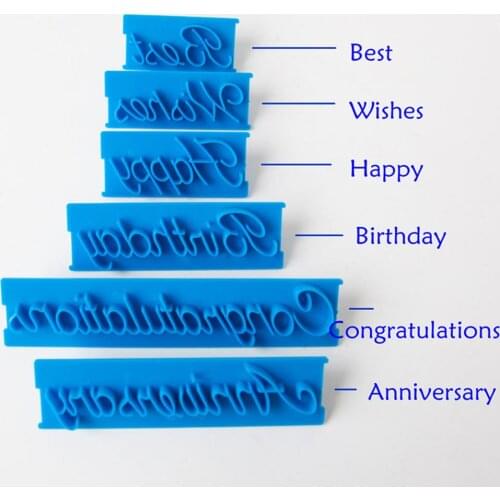 6 Pcs/set Handwriting Fondant Cake Embosser Printing Letters Mold Happy Birthday Best Wishes Anniversary Cookie Cutter Mold