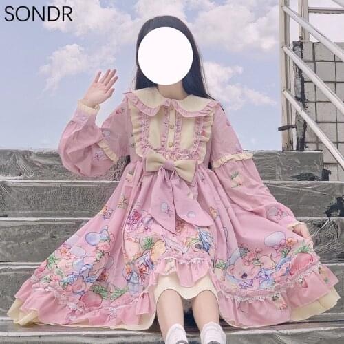 Sweet Girl Tea Lolita Dress Women Cute Childlike Doll Party Print OP Lolita Long Sleeve Vintage Ruffle Dress Loose Kawaii Lolita