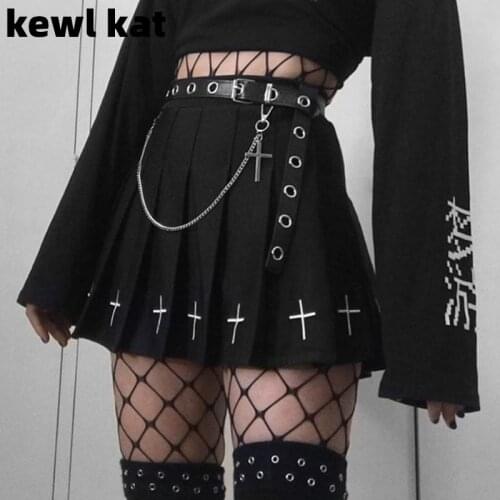 Gothic Black High Waist Mini Skirts Lolita Cross Print Pleated Streetwear Women Skirts Casual College Harajuku Punk Skirts Belt