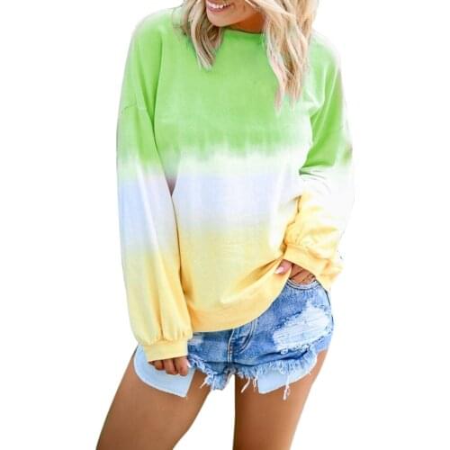 Crop Top Woman Tshirts Womens Casual O-neck Gradient Contrast Color Long Sleeve Top Pullover Sweatshir Футболки Оверсайс