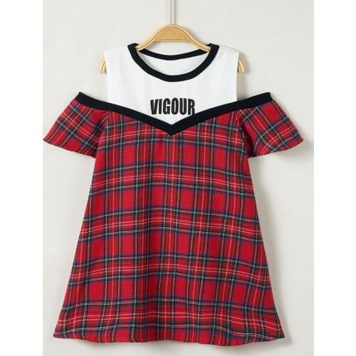 Girls Summer Off-shoulder Dresses Gothic British Style Red Plaid Print Splice A-line Child Dress