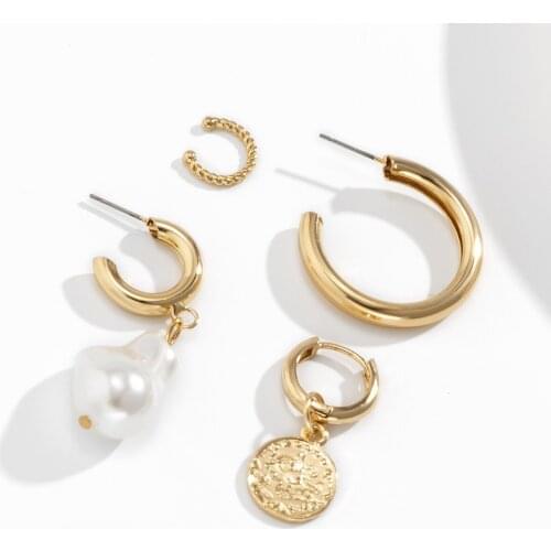 Retro Ethnic Style Metal Semi-curved Ear Jewelry European and American Style Personalized Pearl Set Earrings Wedding Party Gift