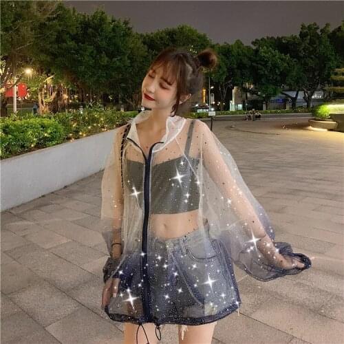 Sweet Womens Transparent Coat Long Sleeve Zipper Jacket Cute Gold Giltter Trim Girl Fit Summer Sun-proof Tops