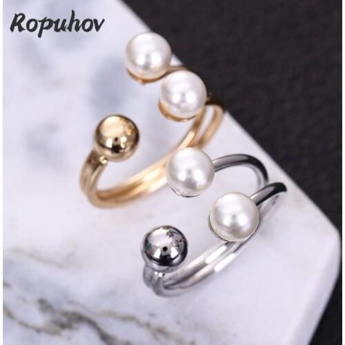 ROPUHOV 2021 Jewery Trendy Korean Opening Adjustable Double Pearl Womens Ring Fashion Gemstone Metal Ring