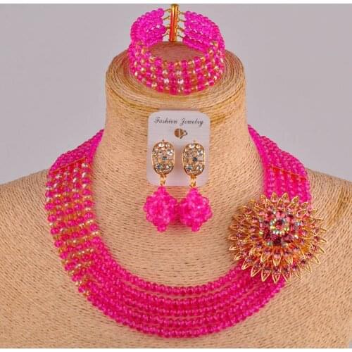 Trendy fuchsia pink and champagne gold ab nigerian beads costume necklace african jewelry set 5JZ-12