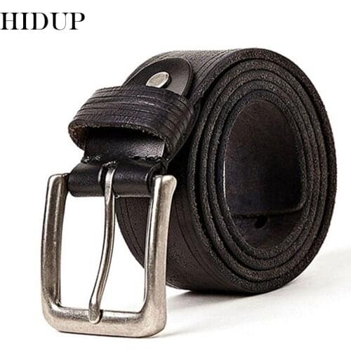 HIDUP Top Quality 100% Solid Cow Skin Alloy Pin Buckle Belt Mens Pure Genuine Leather Cowhide Belts for Men 10 Years Use NWJ321