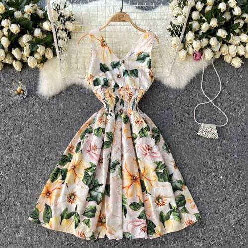 LUKAXSIKAX 2021 New Summer Women Sexy V-Neck Sleeveless Elastic Slim Vest Dress Fashion Flowers Print Elegant Dress