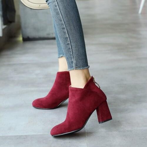 2020 autumn new womens short boots wine red high heels thick heels womens boots fashion ankle boots large