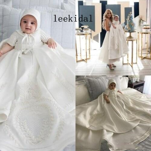 New Toddler Baby Baptism Dresses Christening Gowns Satin First Communion With Bonnet First Communication Dress Custom