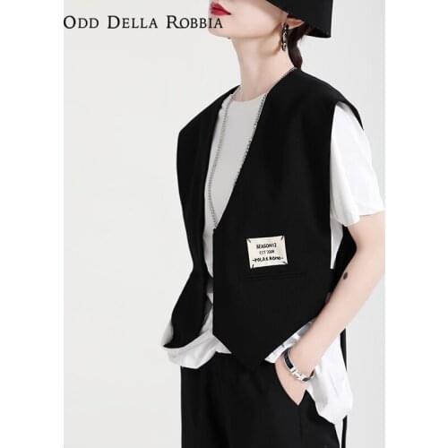 OddDellaRobbia Spring Autumn Embroidered Letters Appliques Ribbons Ultra-short V-neck Triangle Logo Suit Vest Women Jacket 1999
