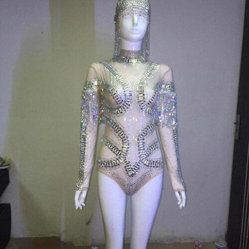 Sexy Shining Bodysuit Stage Wear Crystals Sequins Nightclub Costume Party Female Singer Outfit Tassel Headdress