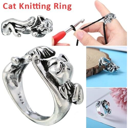 Adjustable Cat-Shaped Open Ring Knitting Loop Crochet Finger Rings Thimble Guide Tool Sewing Accessories