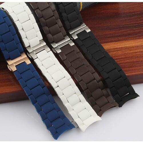 Superior Silicone Rubber Wrapped Solid Steel Watchband Black Brown Blue White 20mm 23mm Smooth Strap Bracelet For Binger Armani