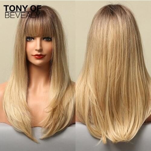 Synthetic Wigs Long Straight Ombre Brown Blonde Wigs with Bangs for Afro Women Cosplay Daily Wigs Heat Resistant False Hair