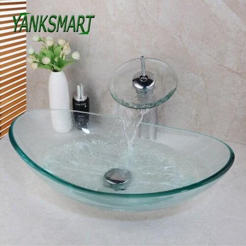 YANKSMART Oval Transparemt Washroom Basin Vessel Vanity Sink Bathroom Mixer Tempered Glass Washbasin Faucet Set With Drain