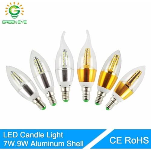 GreenEye Candle LED Bulb E14 7w 9w Aluminum Shell LED Light Lamp 220V Golden Silver Cool Warm White Ampoule Lampara Led Lampada