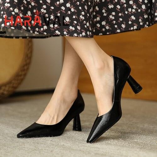 HARAVAL Women Pumps Shoes High Heels Black Genuine Leather Office Lady White Black Solid Casual Footwear High Quality Shoes A327