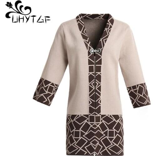 UHYTGF Spring autumn trench coat for women 2020 fashion knitted cardigan loose plus size outerwear elegant windbreaker women 986