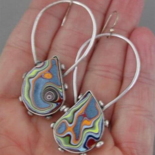 Vintage Waterdrop Colorful Resin Stone Hook Earrings Boho Jewelry Spiral Marbling Pattern Big Drop Dangle Earrings for Women