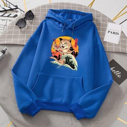 Ukiyo E Style Waves Cat Print Female Hoody Autumn High Quality Sweatshirt Vintage Casual Clothing Korean Loose womens Hoodie