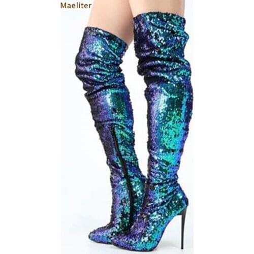 Women Glittering Peacock Green Sequin Mermaid Thigh High Boots Bling Bling Paillette Dress Boots Chic Over-the-Knee Boots US10