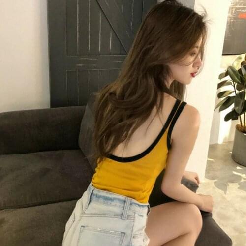 Women Sexy Backless Sleeveless Color Block Brim Vest T-shirt Top Summer Blouse