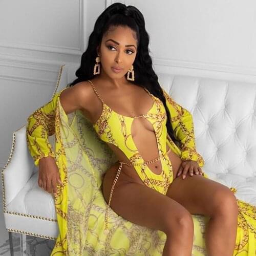 2021 Sexy Hollow Out One Piece Swimsuit Women Chain Swimwear Print Bodysuit Backless Monokini Brazilian Bathing Suits Beach Wear