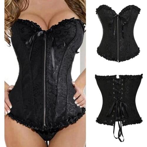 Front Zipper Floral Pleated Trim Bustier Fancy Women Corset Sexy Laced Lingerie Vintage Underwear With G-String 8107