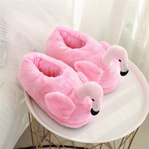 Ins Fashion Flamingo House Women Fur Slippers Winter Warm Plush Grils Bedroom Shoes Cute Cartoon Flamingo Pink Slides Onesize