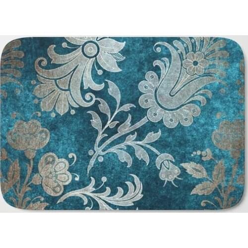 HOT Bathroom Rugs Aqua Teal Vintage Floral Damask Bath Mat Flannel Absorbent Non Slip Doormat Entrance Door Bath Room Mats