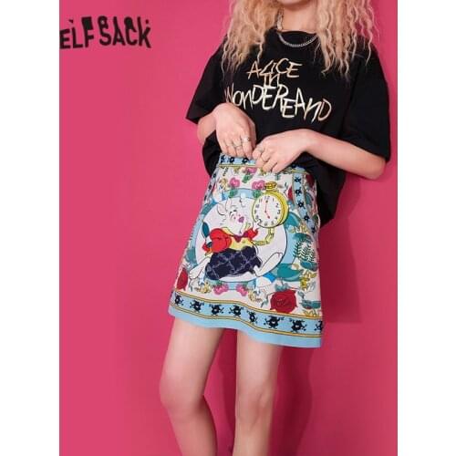 ELFSACK Harajuku Cartoon Print Casual Women Satin Mini Skirts 2021 Spring Vintage High Waist Sexy Ladies Daily Skirt