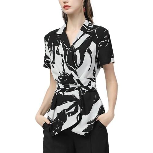 Fashion Irregular Black-White Printed Women' Shirt Short Sleeve Turn-down Collar Elegant Slim Women Summer Tops Work Wear Blouse