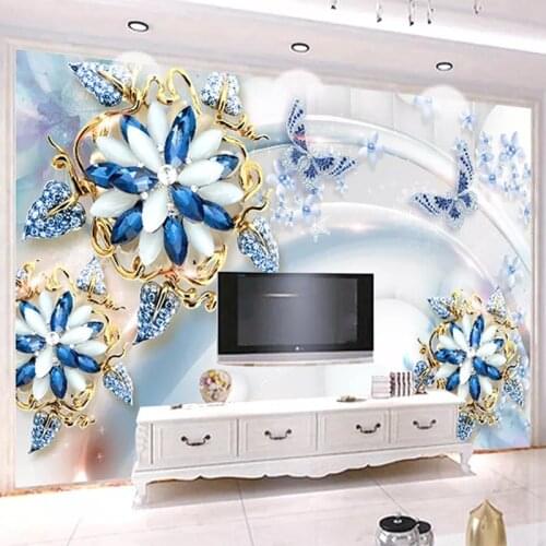 Custom Mural Wallpaper 3D Stereo Blue Jewelry Flower Wall Painting Living Room TV Sofa Luxury Home Decor Wall Paper For Walls 3D