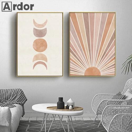 Abstract Sun And Moon Landscape Wall Art Poster Scene Boho Art Print Beige Canvas Painting Picture Nordic Living Room Home Decor